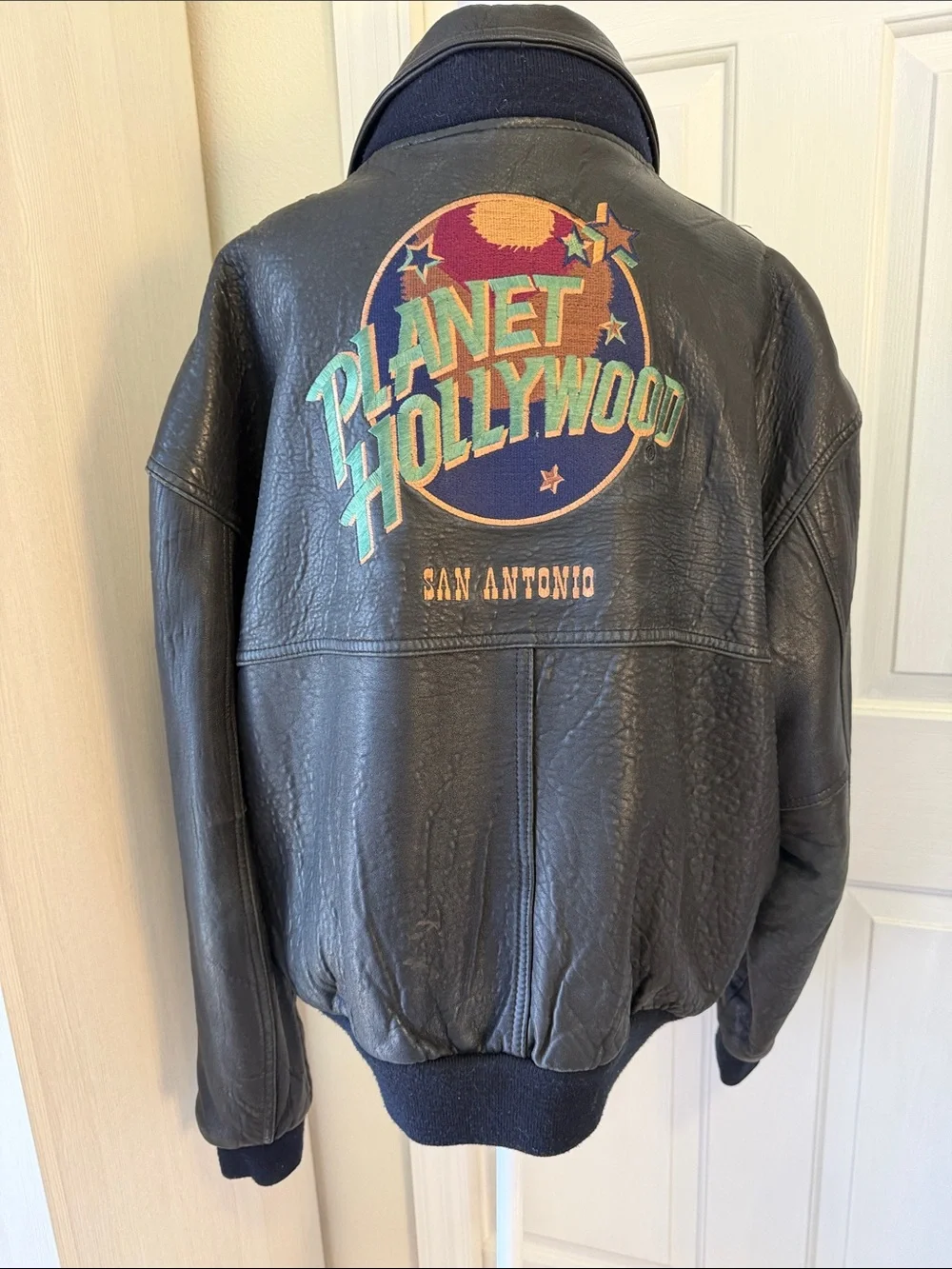 Planet Hollywood Embroidered Reversible Leather Jacket Orange & Green Logo SzXL